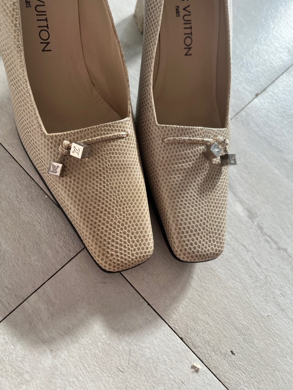 Louis Vuitton Beige Textured Square-Toe Flats with Metal Accents - Picture 2 of 5